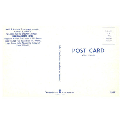 Vintage Postcard - Keith & Marianne Stuart Flamingo Motor Hotel Calgary TJ7-1