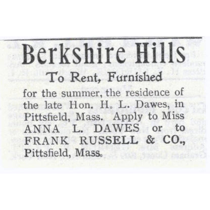 Berkshire Hills Anna L. Dawes Frank Russell & Co Pittsfield MA - 1903 Ad TJ7-S9