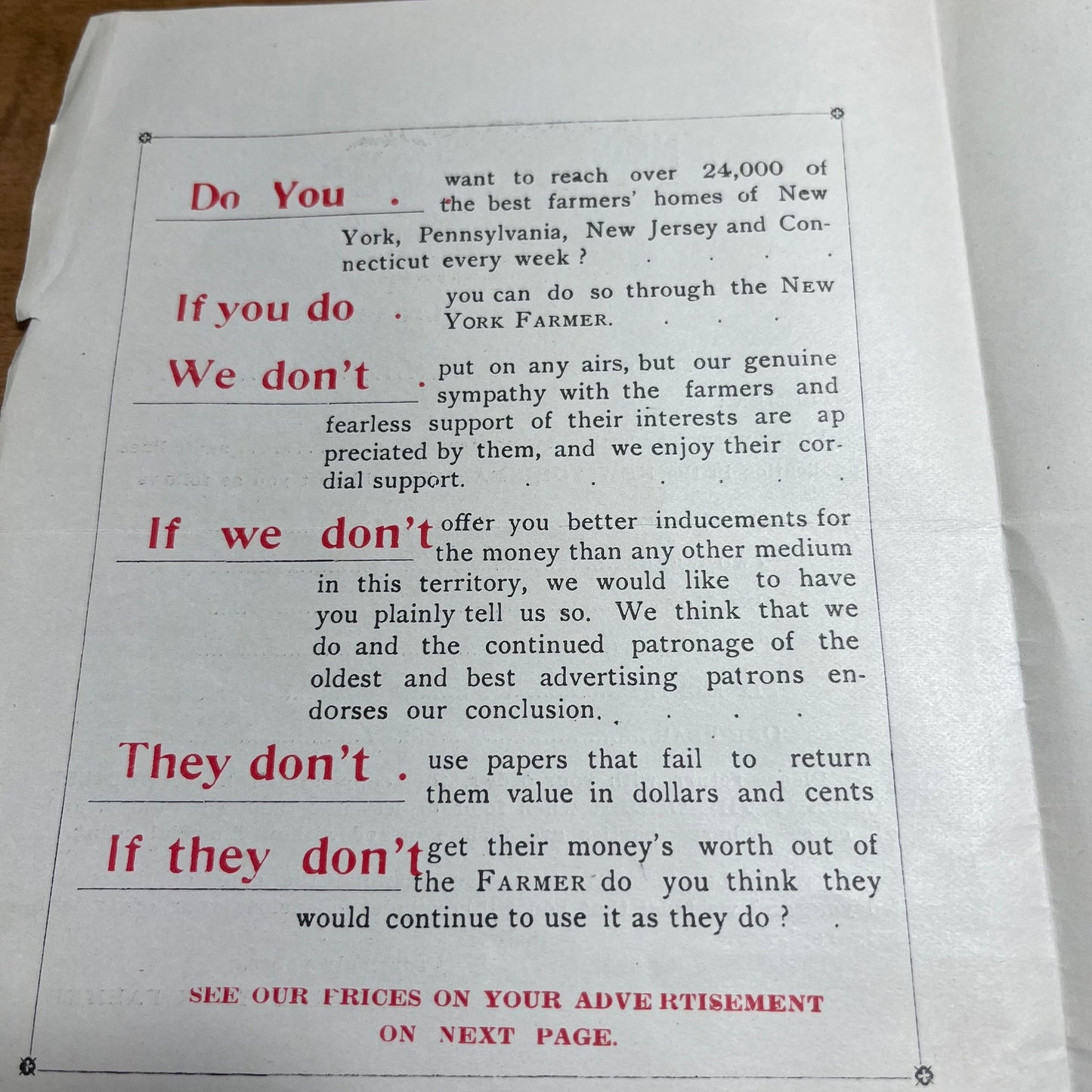 1910s New York Farmer Magazine Advertising Quote Press Kit Leaflet AK7-2