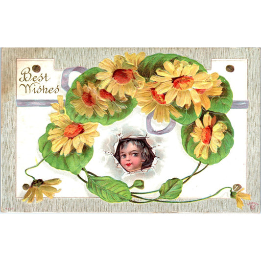 Best Wishes Face in Flower Daisies Embossed c1910 Original Postcard P1-12