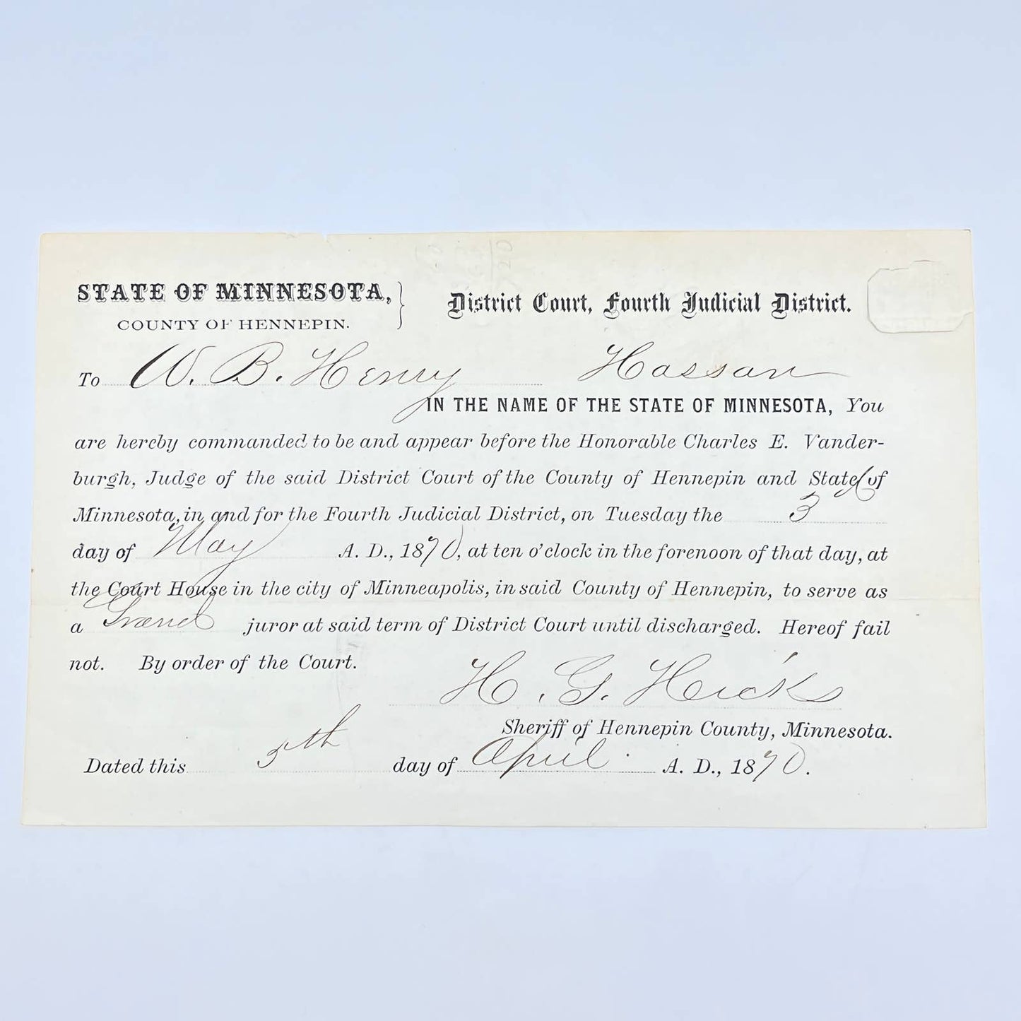 1890 Minnesota Jury Duty Notice Hennepin County 4th Judicial District AB7