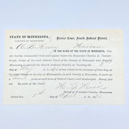 1890 Minnesota Jury Duty Notice Hennepin County 4th Judicial District AB7