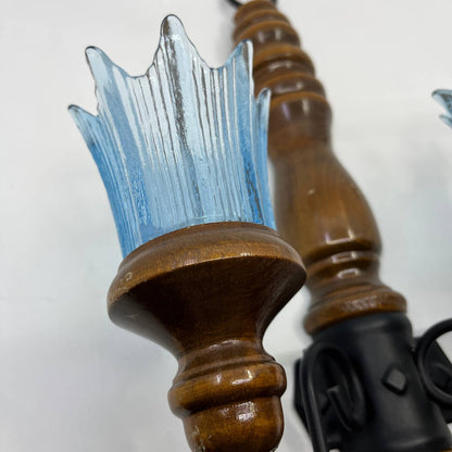 Retro MCM Wood Candler Holder Wall Sconce Blue Ice Fluted Glass ~10x18 TC2