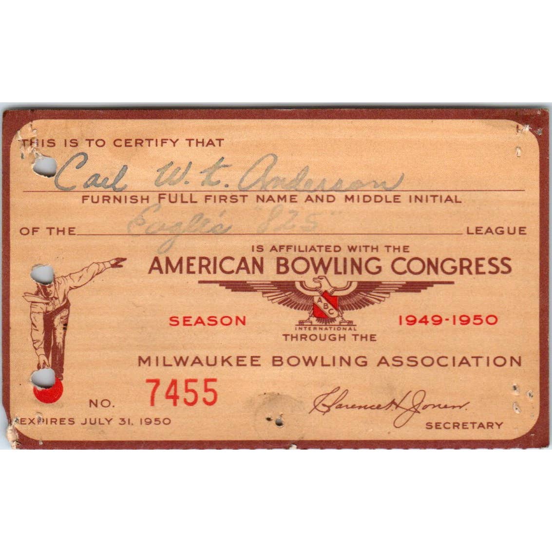 1949 American Bowling Congress Milwaukee Membership Card Eagles 825 SE5-23