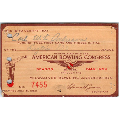 1949 American Bowling Congress Milwaukee Membership Card Eagles 825 SE5-23