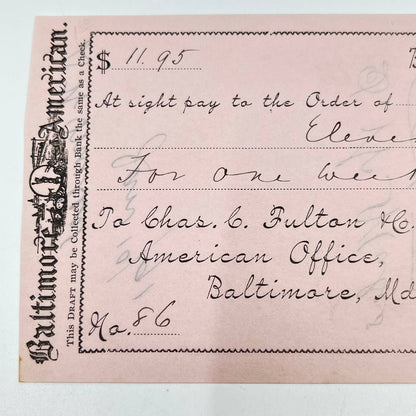 1891 Baltimore American Bank Draft Charles C. Fulton MD AA7