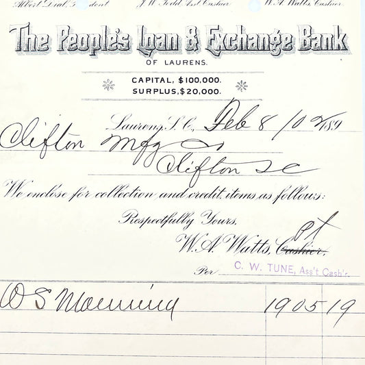 1902 People's Loan & Exchange Bank Letterhead Lauren's SC Albert Dial AB9