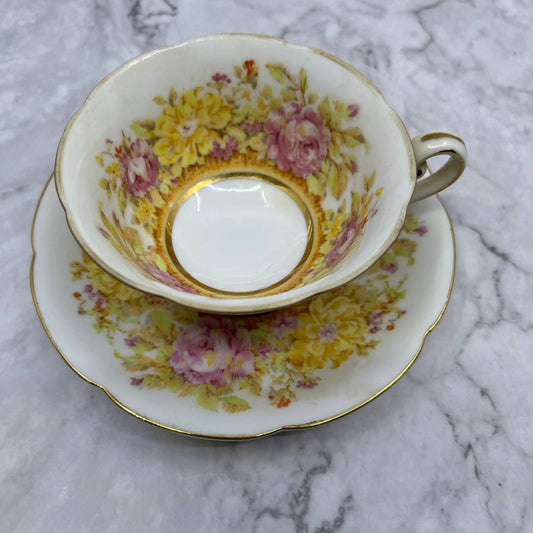 Floral Teacup & Saucer Set Flowers Gold Trim JYOTO Occupied Japan TA1