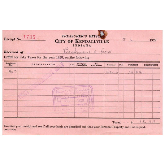 1929 Kendallville IN Noble Cty Treasurer's Office Receipt Beckman & Ron AD8