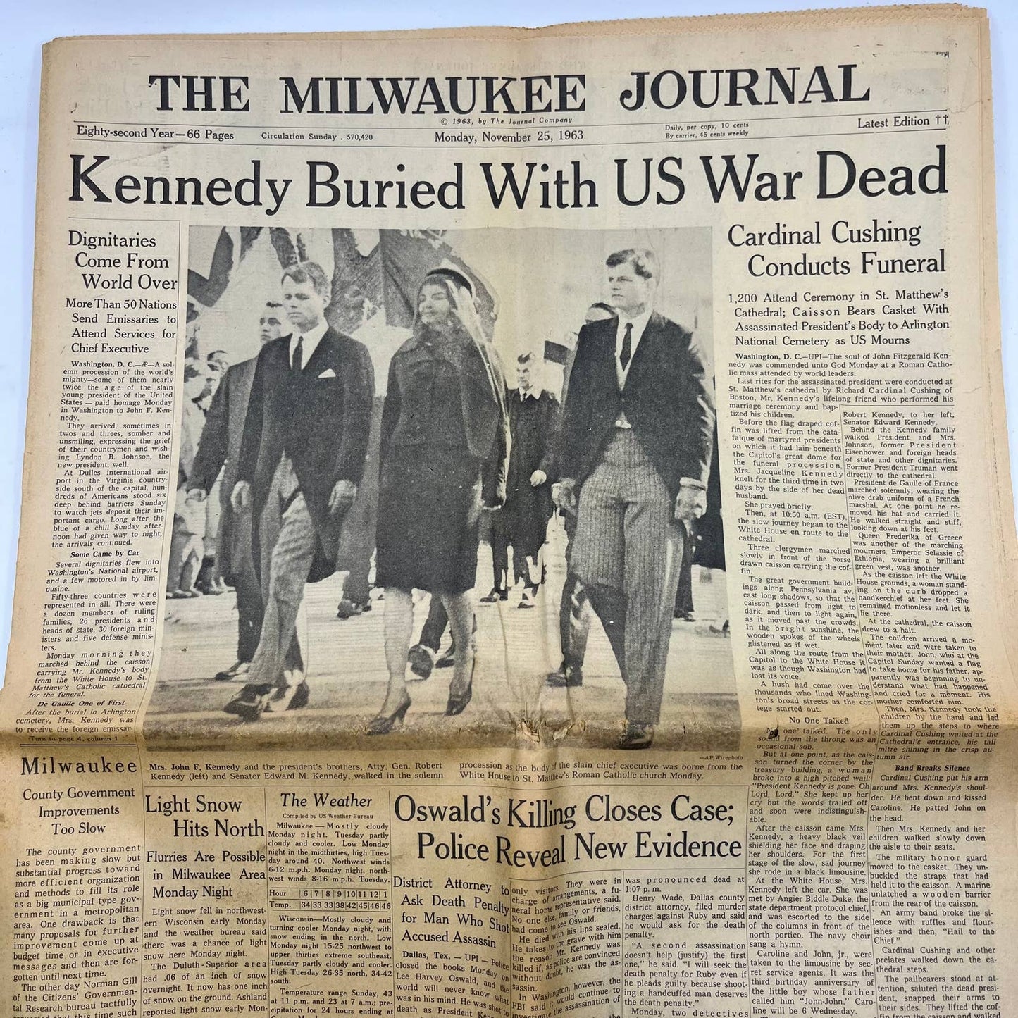 1963 Nov 25 MILWAUKEE JOURNAL Newspaper Pres. Kennedy Buried TI6-19