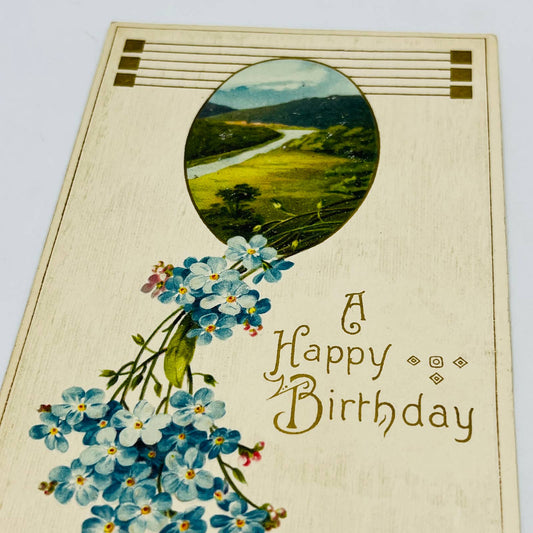 1910s Birthday Post Card Art Deco Dresden Forget Me Nots Country River PA5