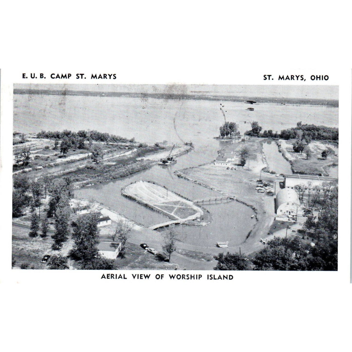 Vintage Postcard Aerial View of Worship Island E.U.B. Camp St. Marys OH TD8-O2