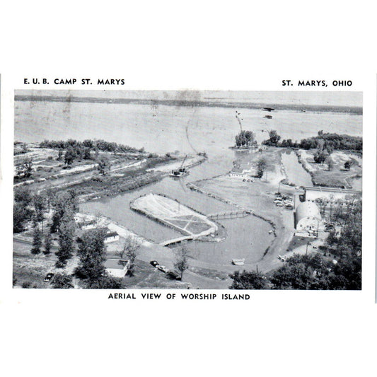 Vintage Postcard Aerial View of Worship Island E.U.B. Camp St. Marys OH TD8-O2