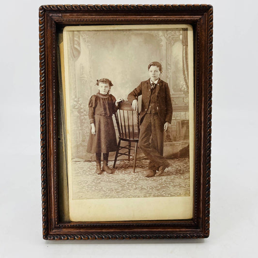1880s Photograph Boy & Girl Siblings in Victorian House Ornate Carved Frame TC8