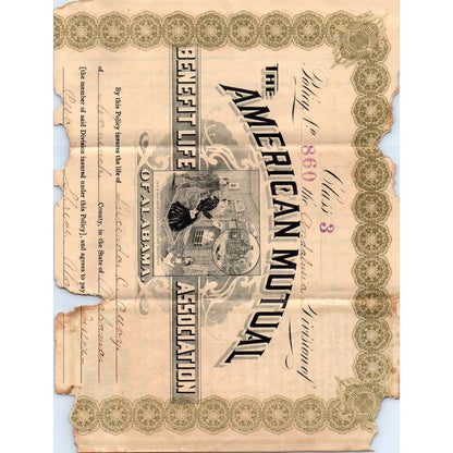 1907 American Mutual Benefit Life Insurance Certificate Lucinda Peavy Shreve AD6