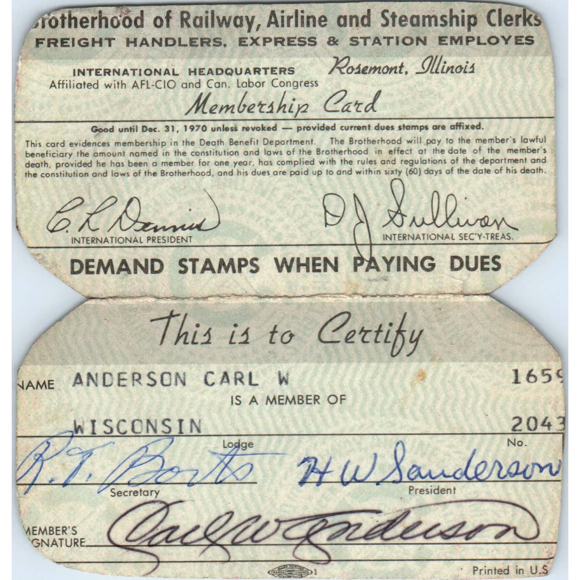 1970 Brotherhood of Railway, Airline and Steamship Clerks Membership Card SE5