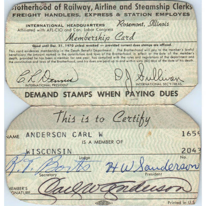 1970 Brotherhood of Railway, Airline and Steamship Clerks Membership Card SE5