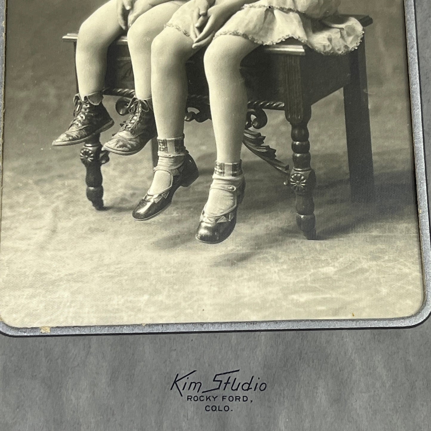 c1880 Victorian Boy & Girl on Ornate Bench CDV Kim Studio Rocky Ford CO H4-6