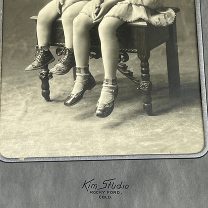 c1880 Victorian Boy & Girl on Ornate Bench CDV Kim Studio Rocky Ford CO H4-6