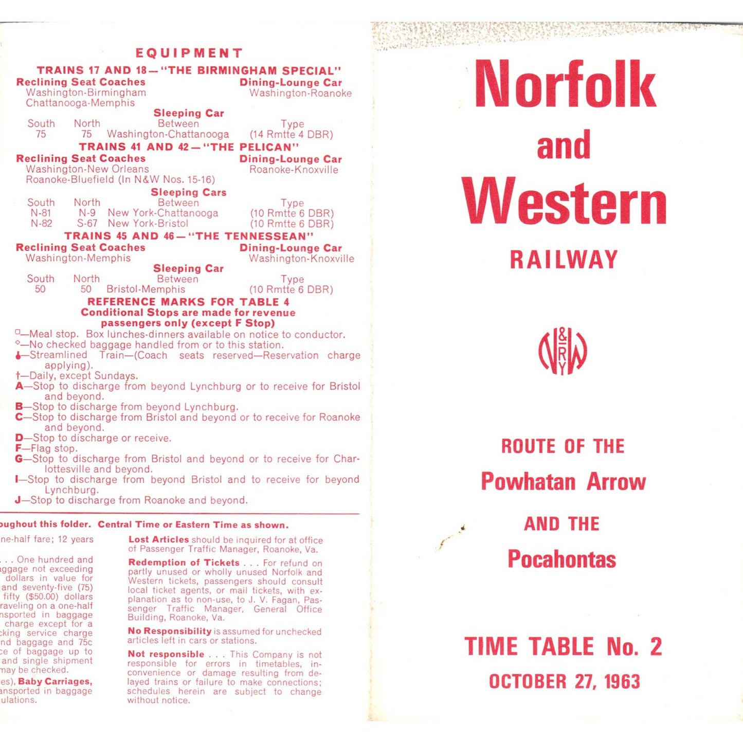 1963 Norfolk and Western Railway Powhatan Arrow and Pocahontas Timetable SE5