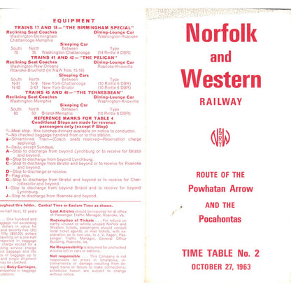 1963 Norfolk and Western Railway Powhatan Arrow and Pocahontas Timetable SE5