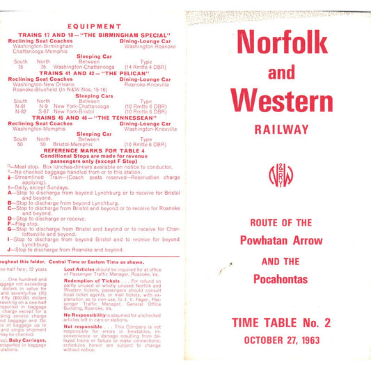1963 Norfolk and Western Railway Powhatan Arrow and Pocahontas Timetable SE5