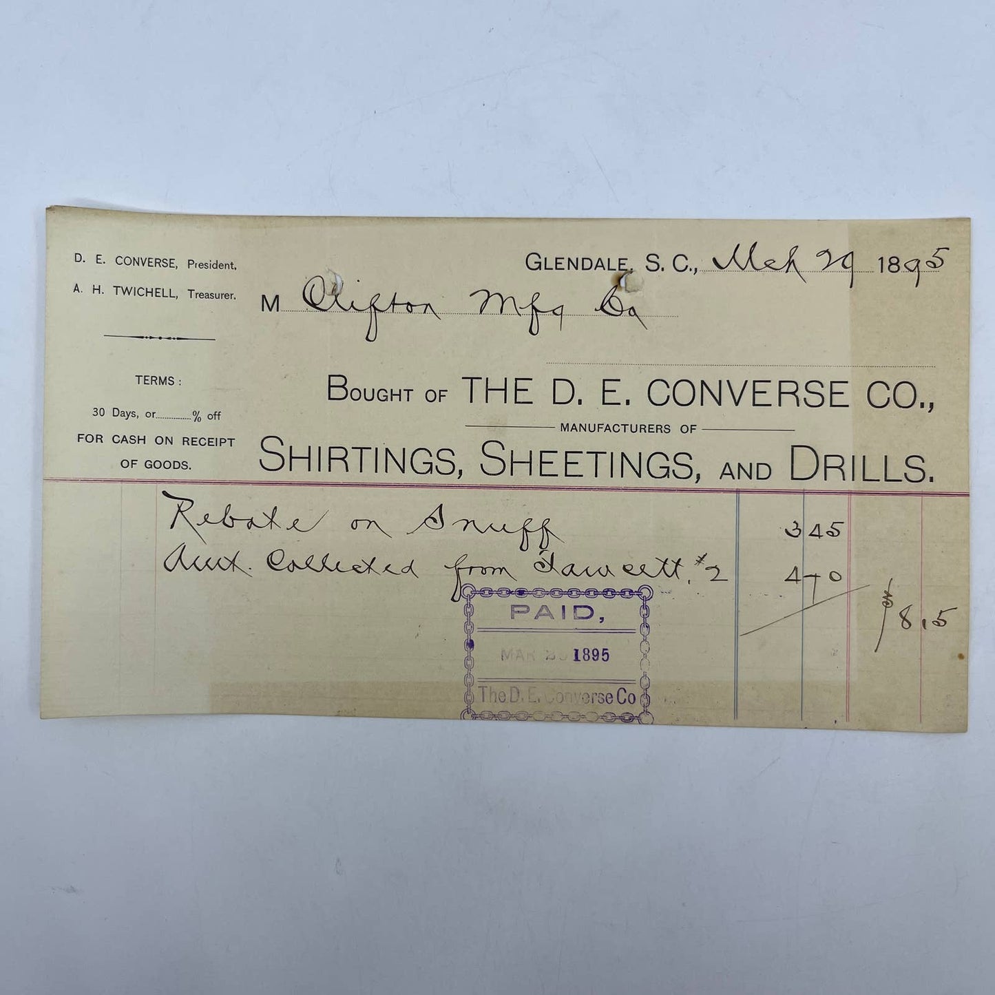 1895 Billhead D.E. Converse Co Glendale SC Shirtings Sheetings & Drills AC9