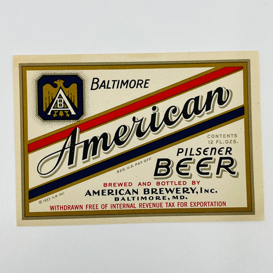 1933 American Brewery Baltimore MD American Pilsener Beer IRTP Beer Label SC1