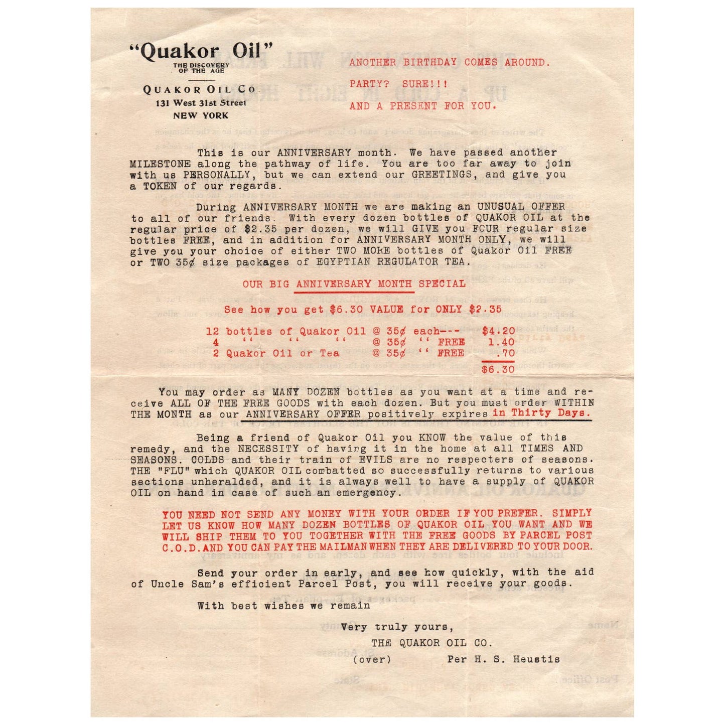 1923 Quakor Oil Anniversary Month Order Blank H.S. Heustis AD8