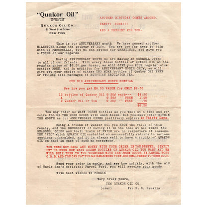 1923 Quakor Oil Anniversary Month Order Blank H.S. Heustis AD8