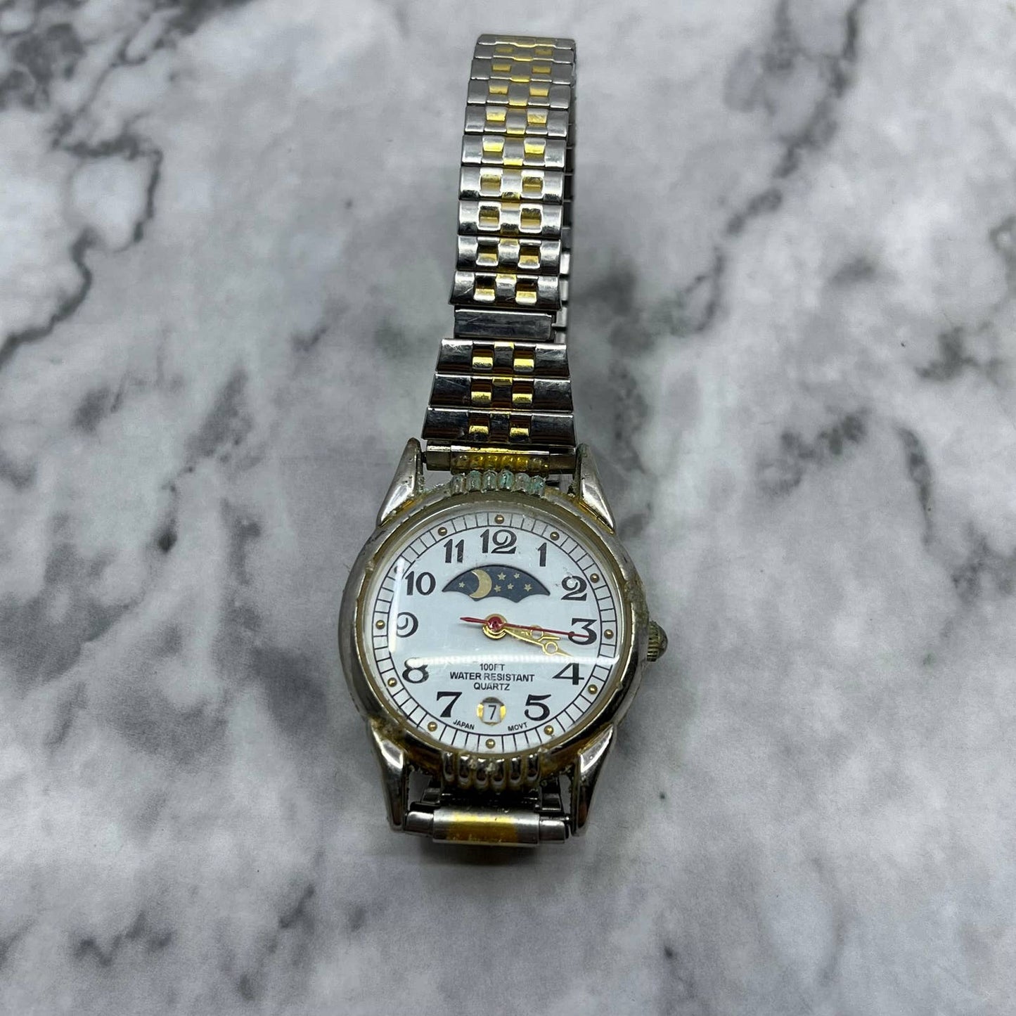 Vintage Moonphase Ladies Watch Metal Stretch Band UNTESTED SE6