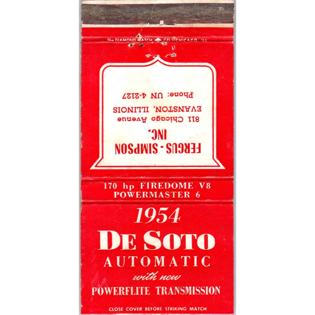1954 DeSoto Automatic Fergus-Simpson Evanston IL Advertising Matchbook MM9-6