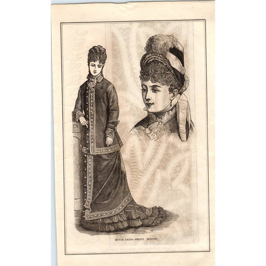 1878 Victorian Engraving Women's Fashion House Dress Front Bonnet SF2