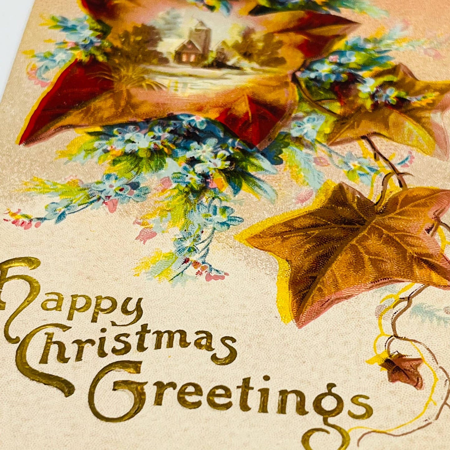 1910s Christmas Post Card Embossed Church Snow Maple Leaves E. Nash Gilt PA4