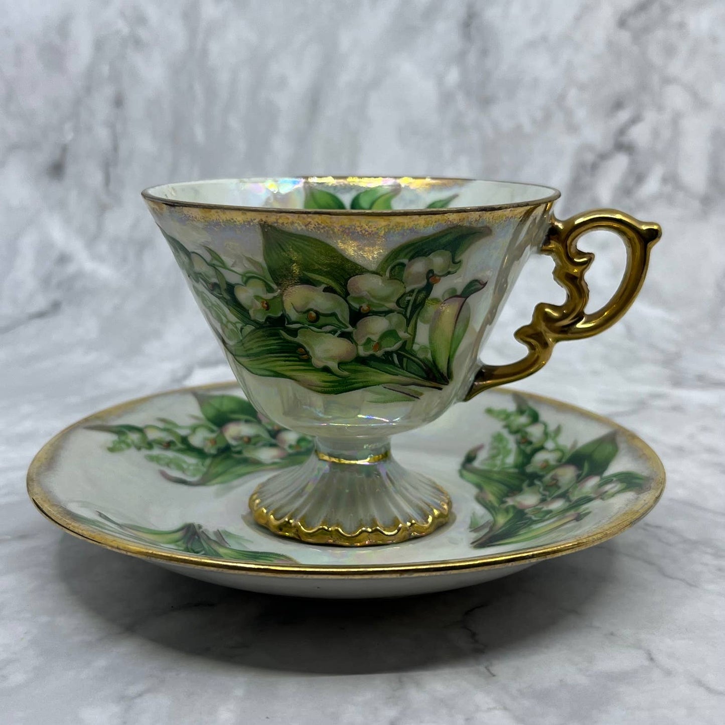 Vtg Tea Cup Saucer Ucagco Lily of Valley Japan Lusterware Gold Hand Painted TA7