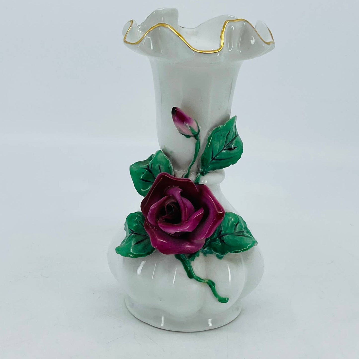 Lefton Vintage Ruffled Vase Pattern Applied Red Rose Gold Accent 6” TC7