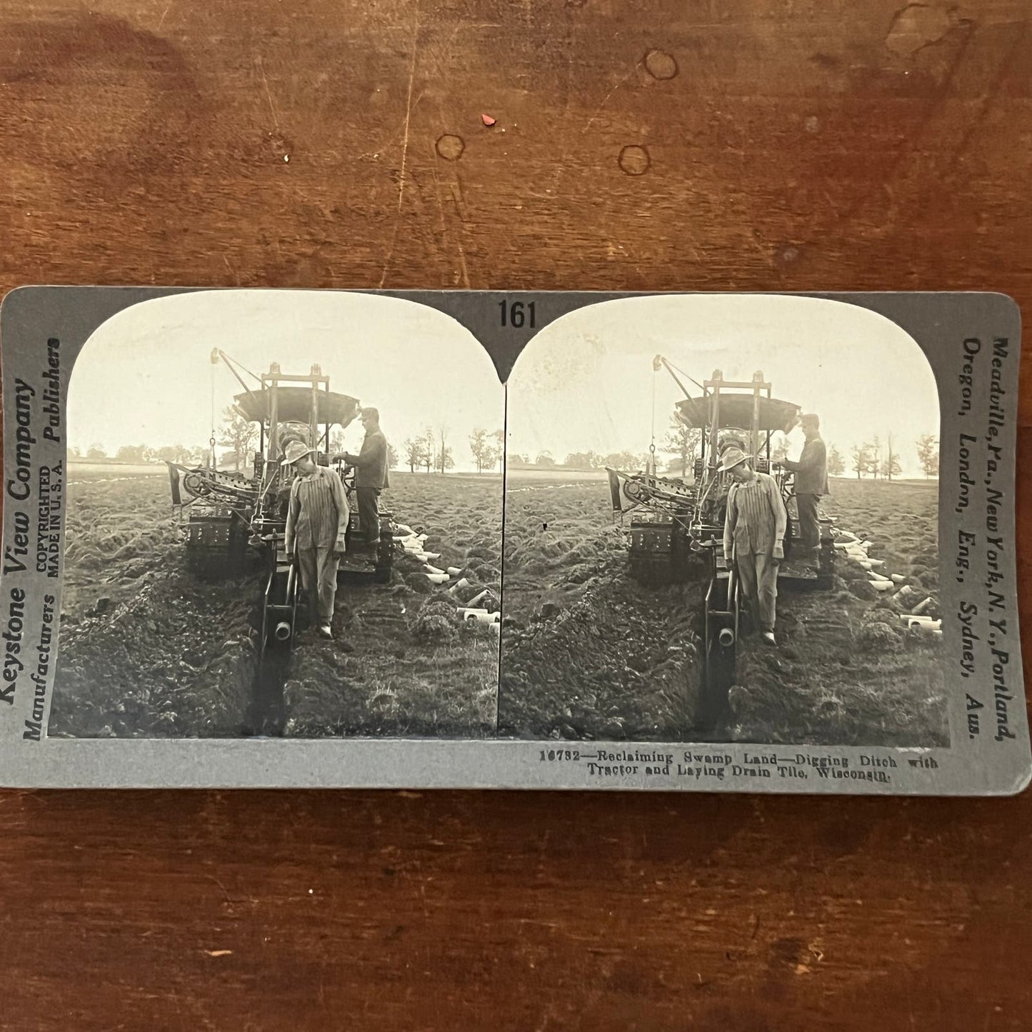 Tractor Digging Ditch Laying Drain Tile Wisconsin Antique Stereoview Card TJ9-V1