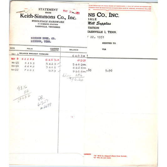 1951 Keith-Simmons Co Inc Billhead Receipt Hardware & Mill Nashville TN AD5-3