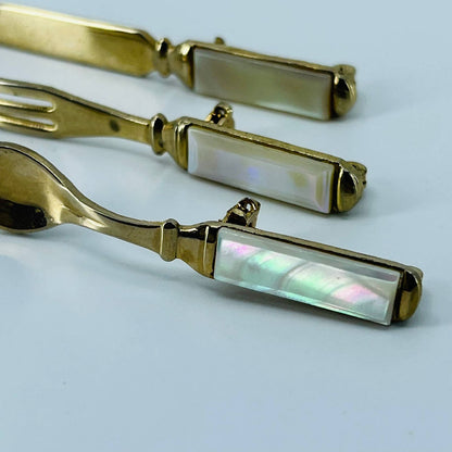 1930s Brooch Set Fork Knife Spoon Faceted Mother of Pearl Handles Gold Tone SA6