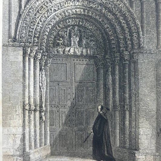 1836 Original Art Engraving Rochester Cathedral View of the West Door Way AC6