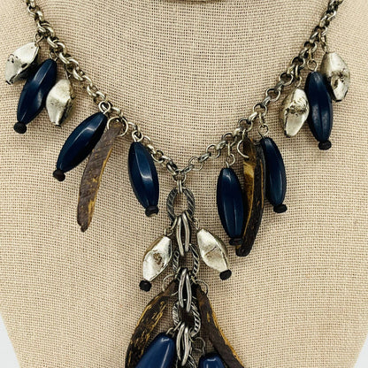 Vintage Brutalist Rustic Wood Metal Blue Bead Chunky Pendant Necklace SB2