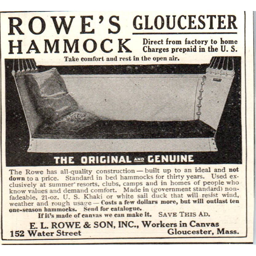 c1920 Harper's Magazine Ad - Rowe's Hammock Gloucester E.L. Rowe & Son EA3