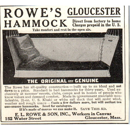 c1920 Harper's Magazine Ad - Rowe's Hammock Gloucester E.L. Rowe & Son EA3