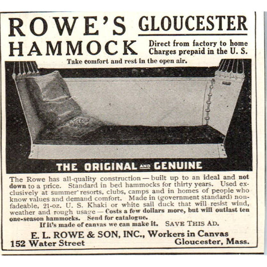 c1920 Harper's Magazine Ad - Rowe's Hammock Gloucester E.L. Rowe & Son EA3