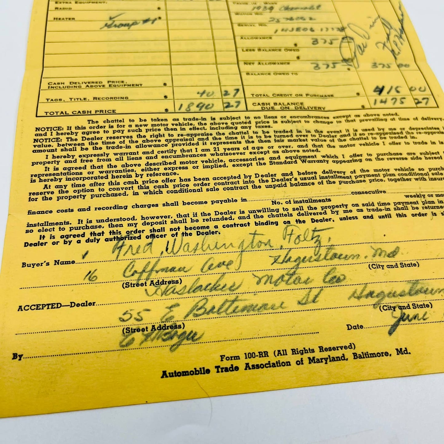 1950 Plymouth SP Deluxe Invoice Haslacker Motor Co. Fred Foltz Hagerstown MD D1