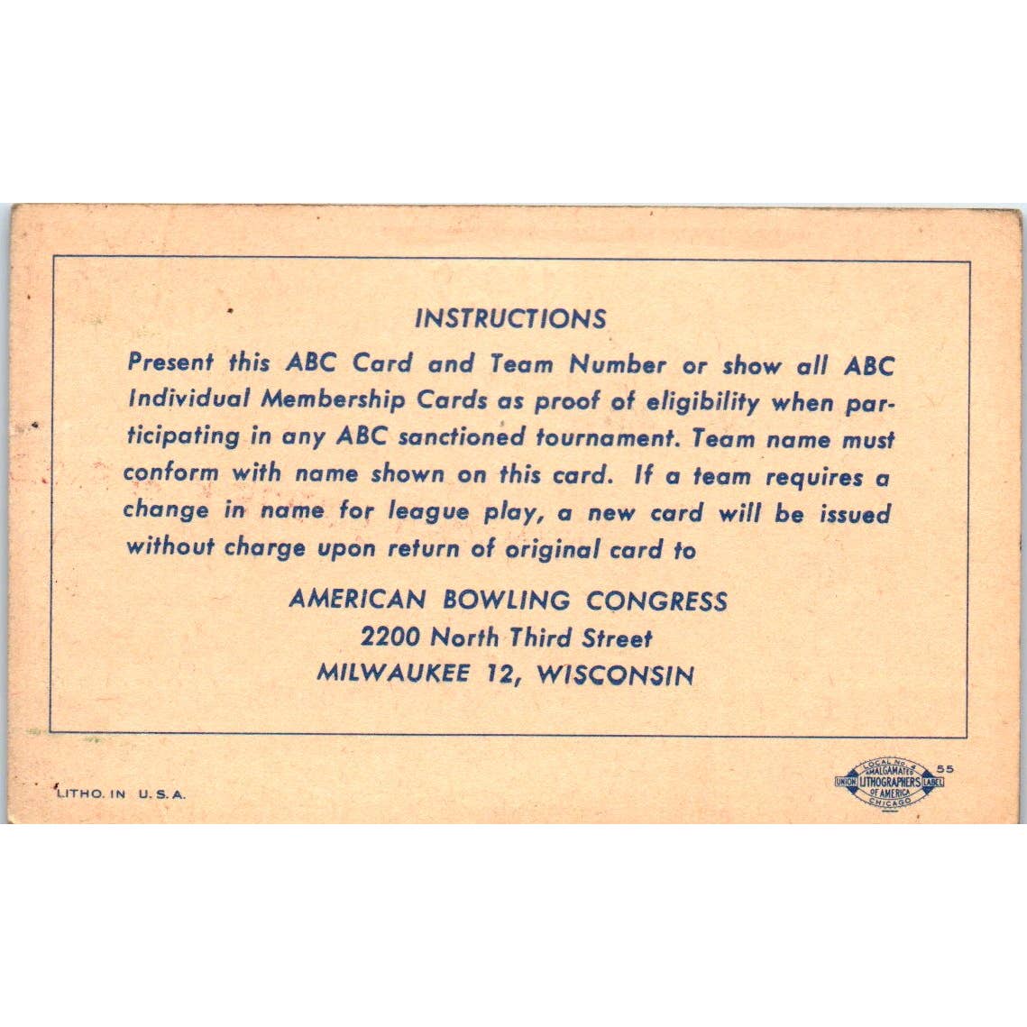 1952 American Bowling Congress Milwaukee Card Walker Lodge K of P 123 SE5-48