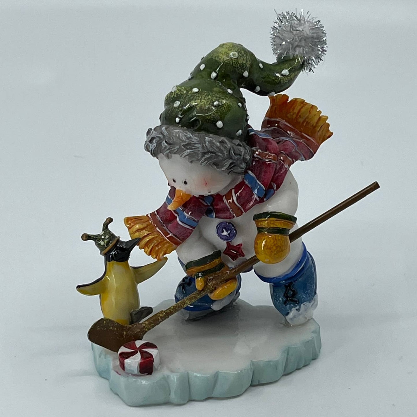 Vintage Merry Snowman Hockey w Penguin Christmas Tree Resin Figurine 5” TB5