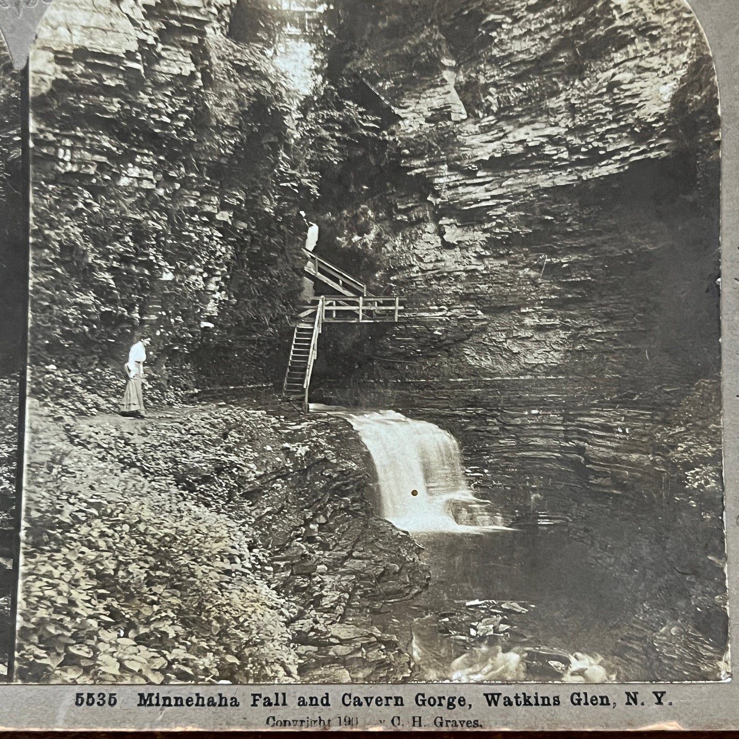 Minnehaha Fall and Cavern Gorge Watkins Glen NY Antique Stereoview Card H2-2