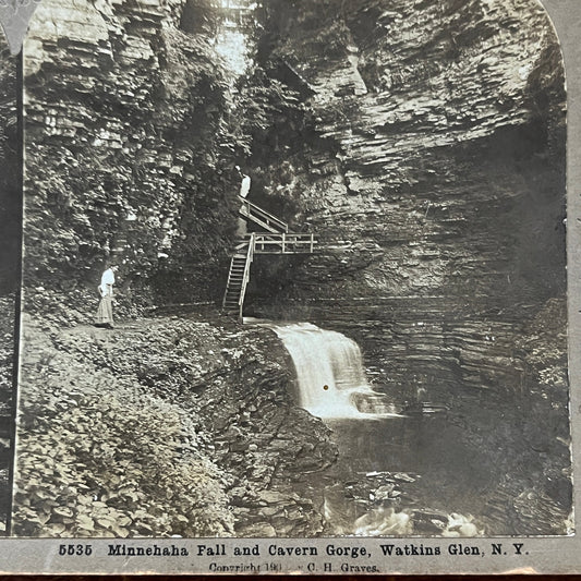 Minnehaha Fall and Cavern Gorge Watkins Glen NY Antique Stereoview Card H2-2