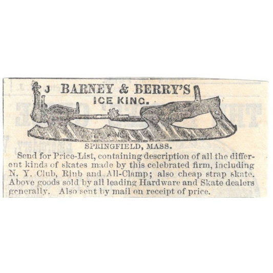 Barney & Berry's Ice King Springfield MA - Ad 1878 Original TJ7-L2-4